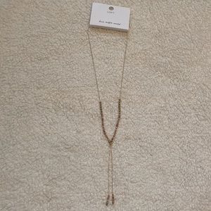 NWT Loft Gold Y adjustable pull tie necklace with pink, mauve, & gold beading